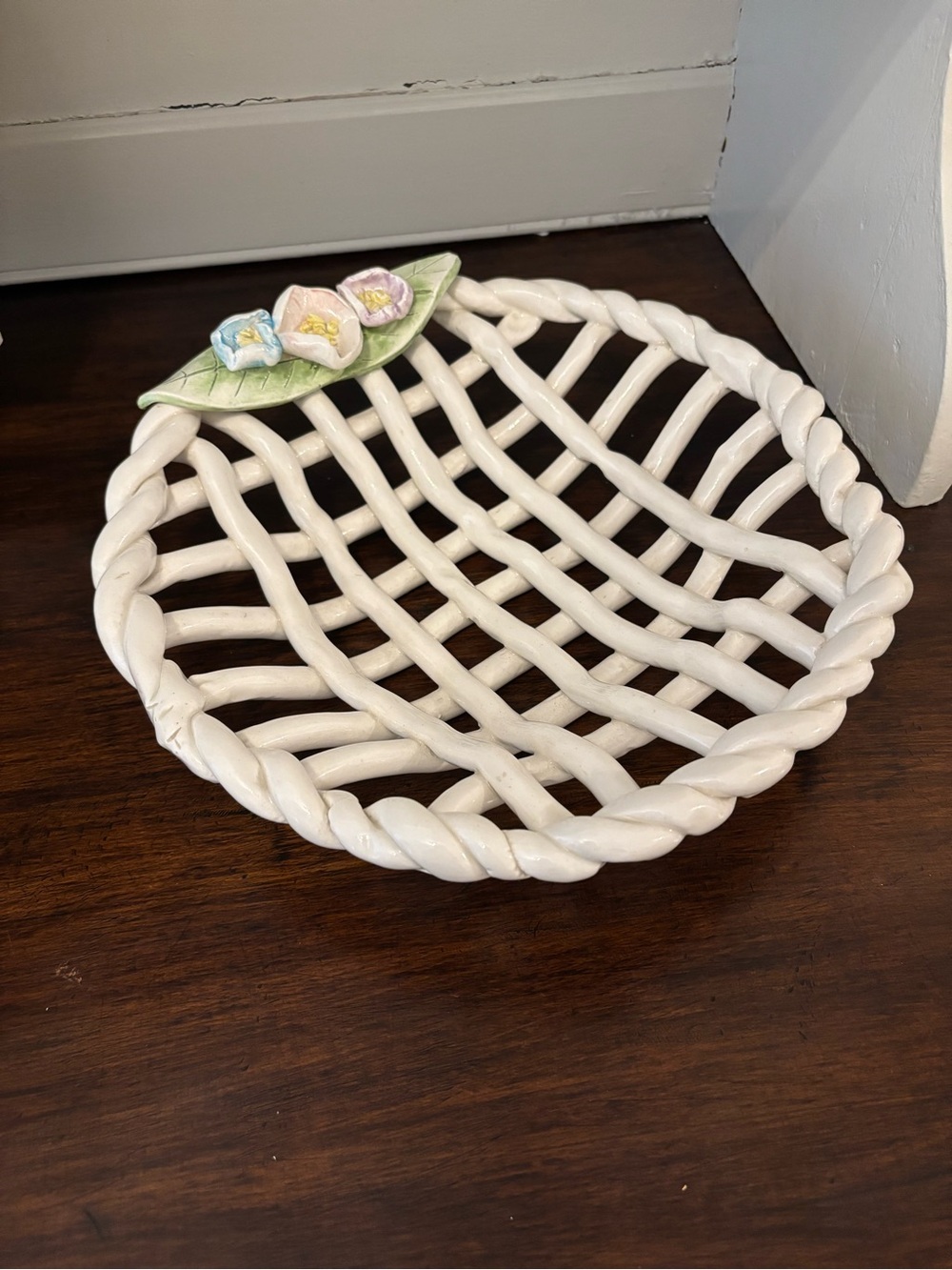 Unique Lattice Ceramic 11” Inch Basket Bowl Hand Painted Flowers